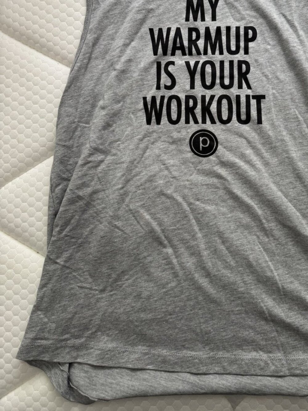 NWT Pure Barre "My Warmup Is Your Workout" Muscle Tank, Heather Gray, S or L